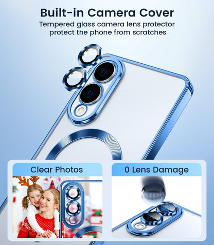 Slim Thin for Samsung Galaxy S25 Edge Case, Compatible with MagSafe, Built-in Camera Lens Protector, Shockproof Protective Phone Case, Soft Electroplated Clear Cover, Sapphire Blue