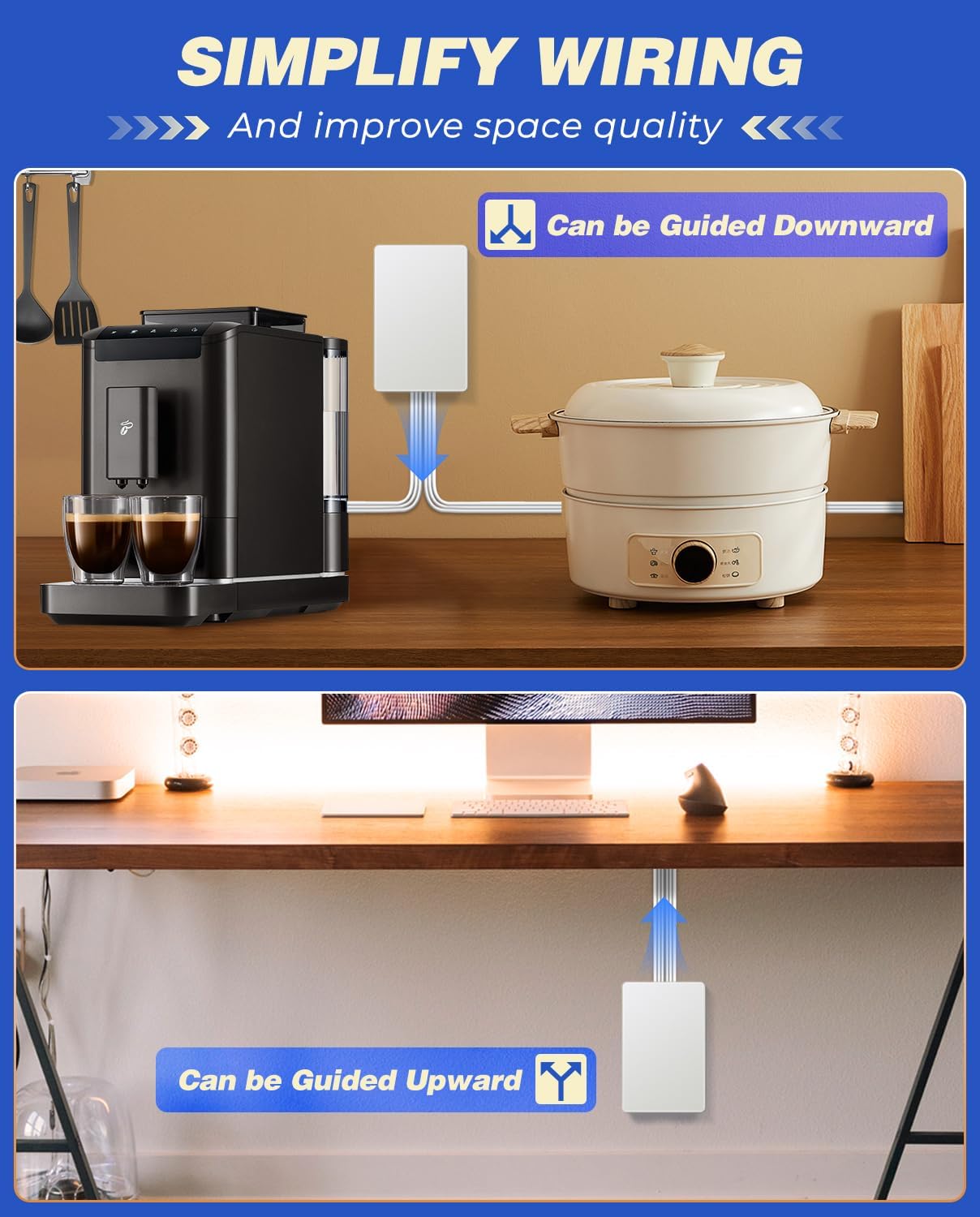 Saker Outlet Cover Extension Cord | 10ft Flat Extension Cord with 3 Outlets,1625W | Universal Size Outlet Concealer | Outlet Cover Baby Proofing for Kitchen, Home and Office(Dual 10ft)