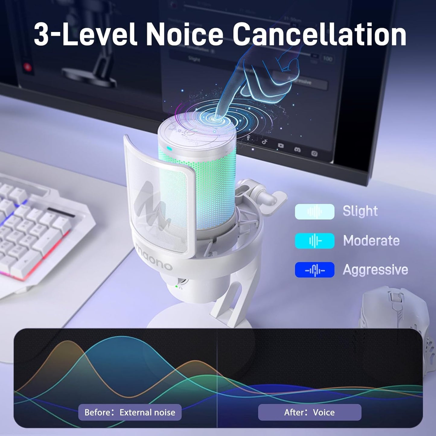 MAONO Wireless Microphone for PC,Gaming Streaming USB Mic with Software AI Voice Change,3-Level Noise Cancellation,Custom EQ,Gain Control for Computer Podcast Recording (DM40 AI Mic, DM40-White)