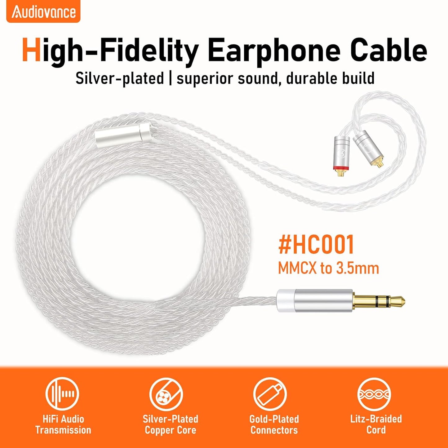 Premium HiFi IEM Cable - Silver-Plated 3.5mm to MMCX Cord, Lossless-Sound in-Ear Monitor Cables for Vibes 201/202, Shure SE215/315/425/535/846-Silver (HC001)