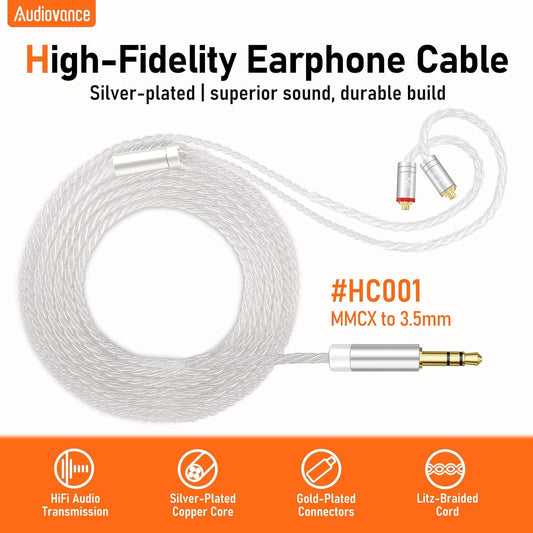 Premium HiFi IEM Cable - Silver-Plated 3.5mm to MMCX Cord, Lossless-Sound in-Ear Monitor Cables for Vibes 201/202, Shure SE215/315/425/535/846-Silver (HC001)