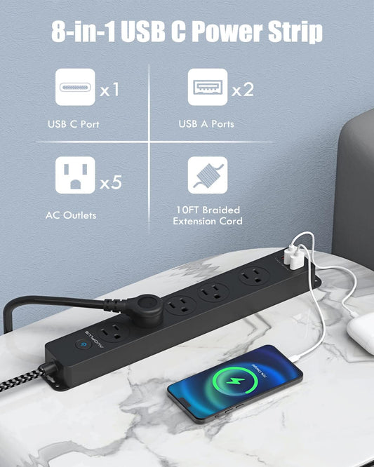 Surge Protector Power Strip with USB C Ports, 10FT Braided Extension Cord, 5 Outlets and 3 USB Ports(1 USB C), AUOPLUS Mountable Power Strips Flat Plug with Overload Protection