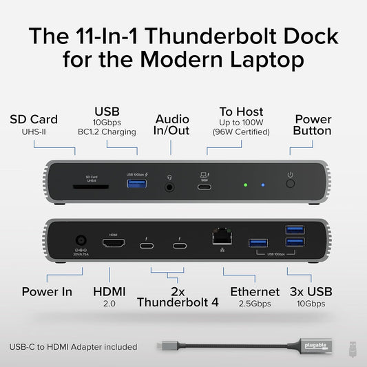 Plugable Thunderbolt 4 Dock for Dual 4K or 8K Display – 100W Charging Docking Station for MacBook Pro and Windows Laptops with 11 Ports, 3X Thunderbolt, Ethernet, USB, and SD Card (TBT4-UDX1)
