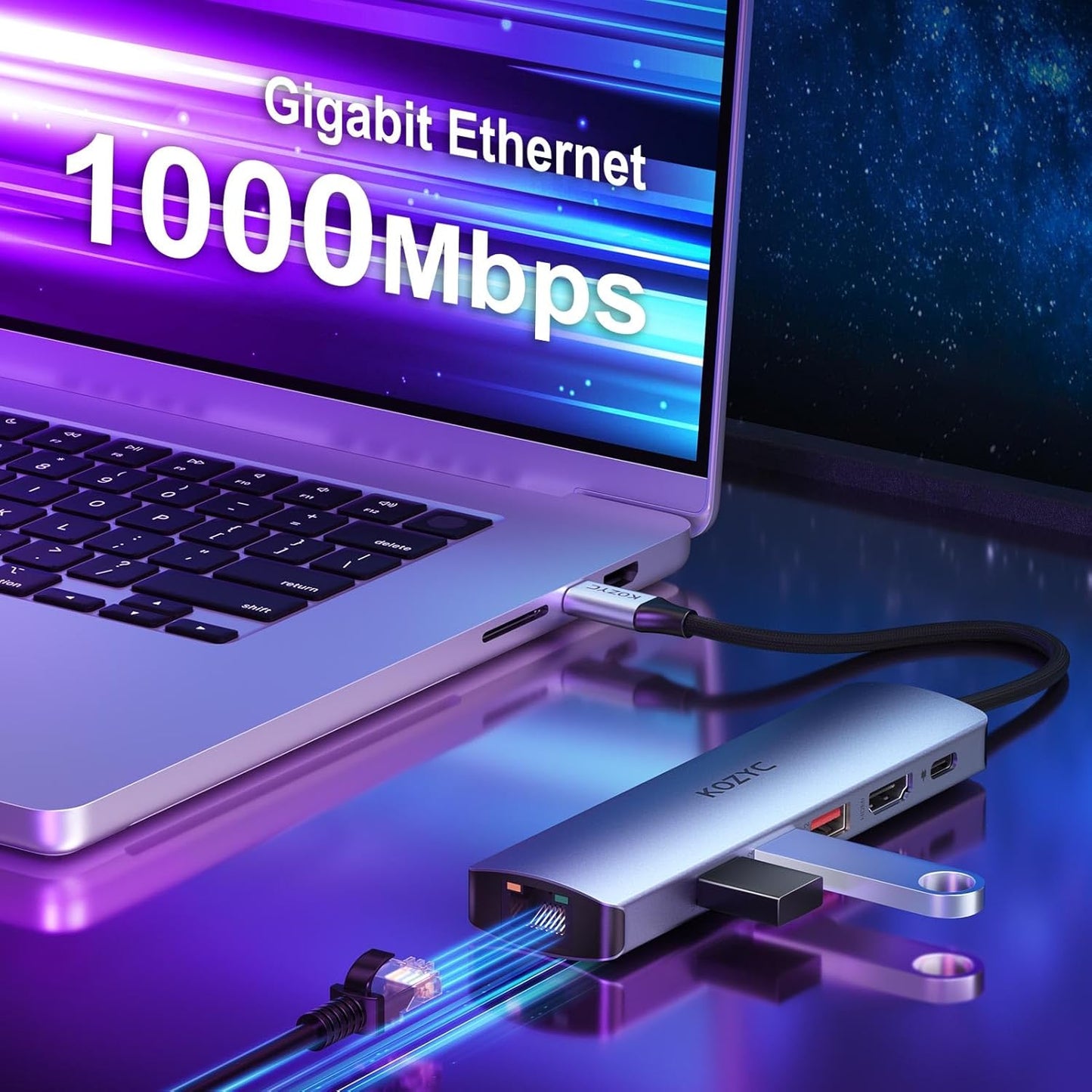 USB C Hub Ethernet, KOZYC 6-in-1 USB C Hub with 10Gbps, HDMI 4K 60Hz, 1Gbps Ethernet, 3xUSB-A 3.2, 100W PD Compatible with MacBook Air/Pro, XPS13/15, Dell
