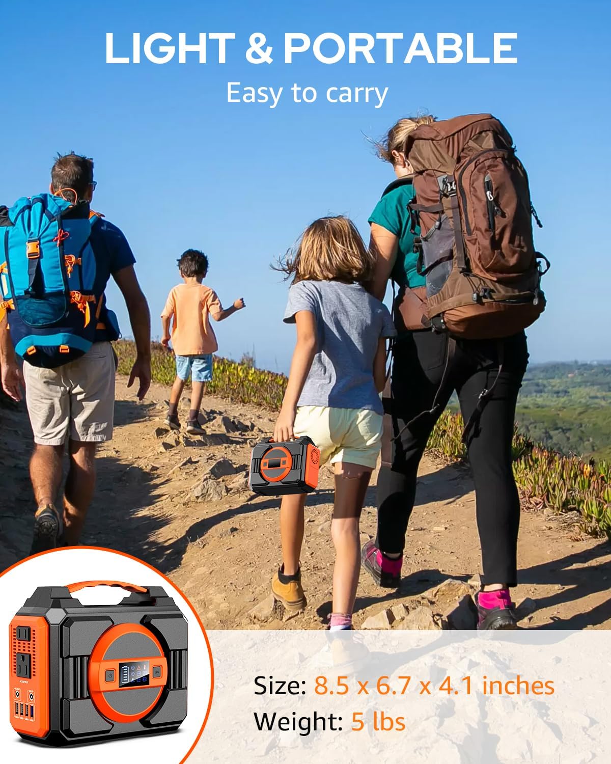 Portable Power Station Bank 300W Rated(600W Peak),220Wh Solar Powered Power Bank with 2 AC Outlet 110V Pure Sine Wave, 60000mAh Power Bank Lithium Battery Pack for Home Outdoor Camping Emergency