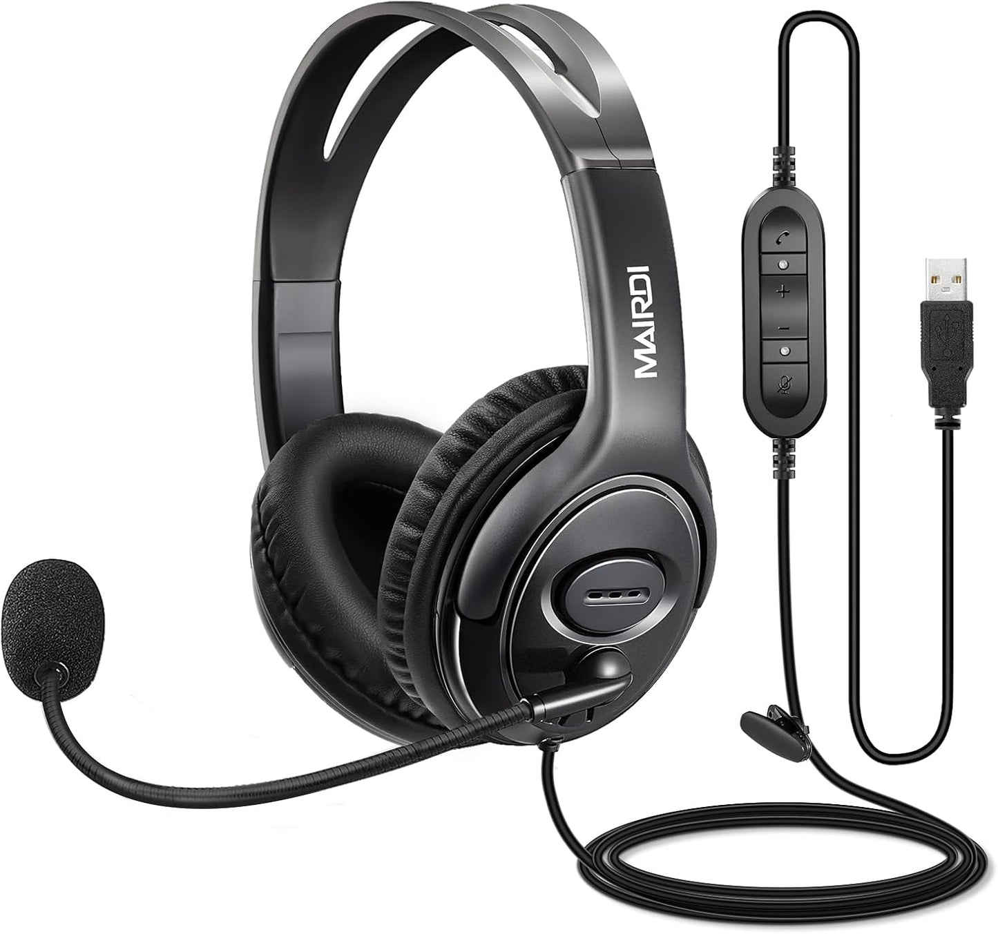 MAIRDI USB Headset with Microphone for PC, Computer Headset with Mic Noise Canceling for Laptop Teams Zoom Office Work Call Center Business Softphone, Dictation Headset for Dragon Naturelly Speaking