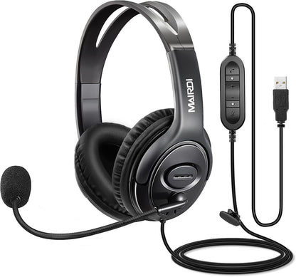 MAIRDI USB Headset with Microphone for PC, Computer Headset with Mic Noise Canceling for Laptop Teams Zoom Office Work Call Center Business Softphone, Dictation Headset for Dragon Naturelly Speaking