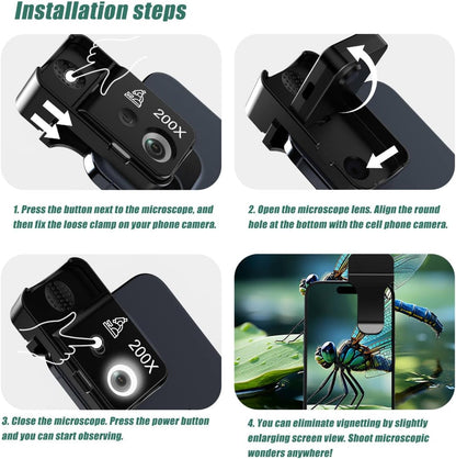 Phone Microscope 200X Pocket Magnifier Camera with CPL Lens/Lights, Zoom Universal Portable Phone Microscope with Clip for 99% Phone, Perfect for Coin/Stamp/Plant Inspection
