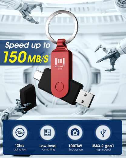 MOSDART 128GB USB3.1 Fast Speed C and A Dual Flash Drive, exFAT Memory Stick with Keychain and LED Indicator, for iPhone 15 and 16, Android Phone, iPad, MacBook, and Other Laptops, Red