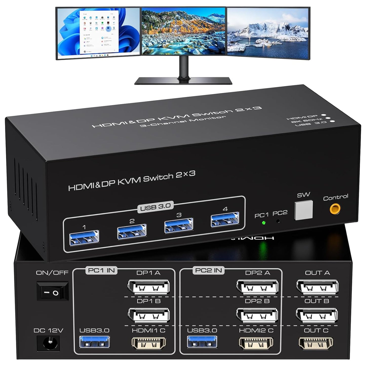 8K HDMI 2 Displayport KVM Switch 3 Monitors 2 Computers DP 1.4 8K 60Hz 4K 120Hz Display Port for Two PC Share Triple Monitor and 4 USB 3.0 Peripherals Support Extended and Duplicate Mode