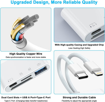 USB C Lightning SD TF Card Reader, 4-in-2 Memory Card Reader for iPhone 15/iPad/Mac/Laptop, Dual Connector Digital Camera Card Adapter with SD+TF+USB OTG+USB C Charging for Photography, Plug and Play