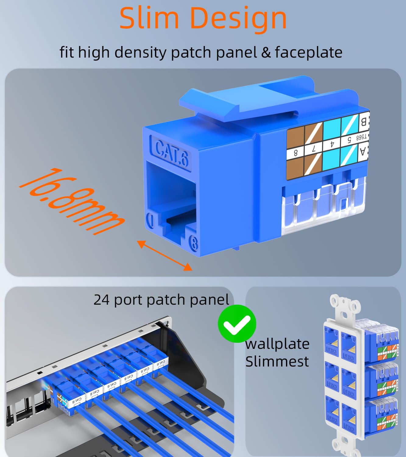 Rapink RJ45 Keystone Jack Cat6 10G Support, Keystone Jacks UTP 25 Pack for Wall Plate and Patch Panel, Rj45 Keystone 90 Degree Blue Color for Cat6, Cat5e, Cat5 Cabling