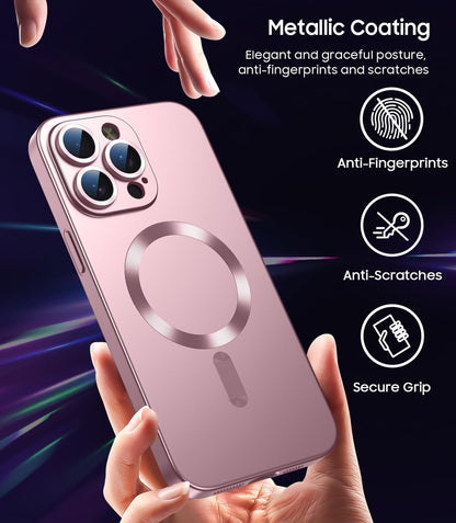 Magnetic for iPhone 15 Pro Max Case [Compatible with MagSafe][Built-in Camera Lens Protector] Slim Soft Silicone Bumper Shockproof Metallic Luster Phone Case (Rose Gold)
