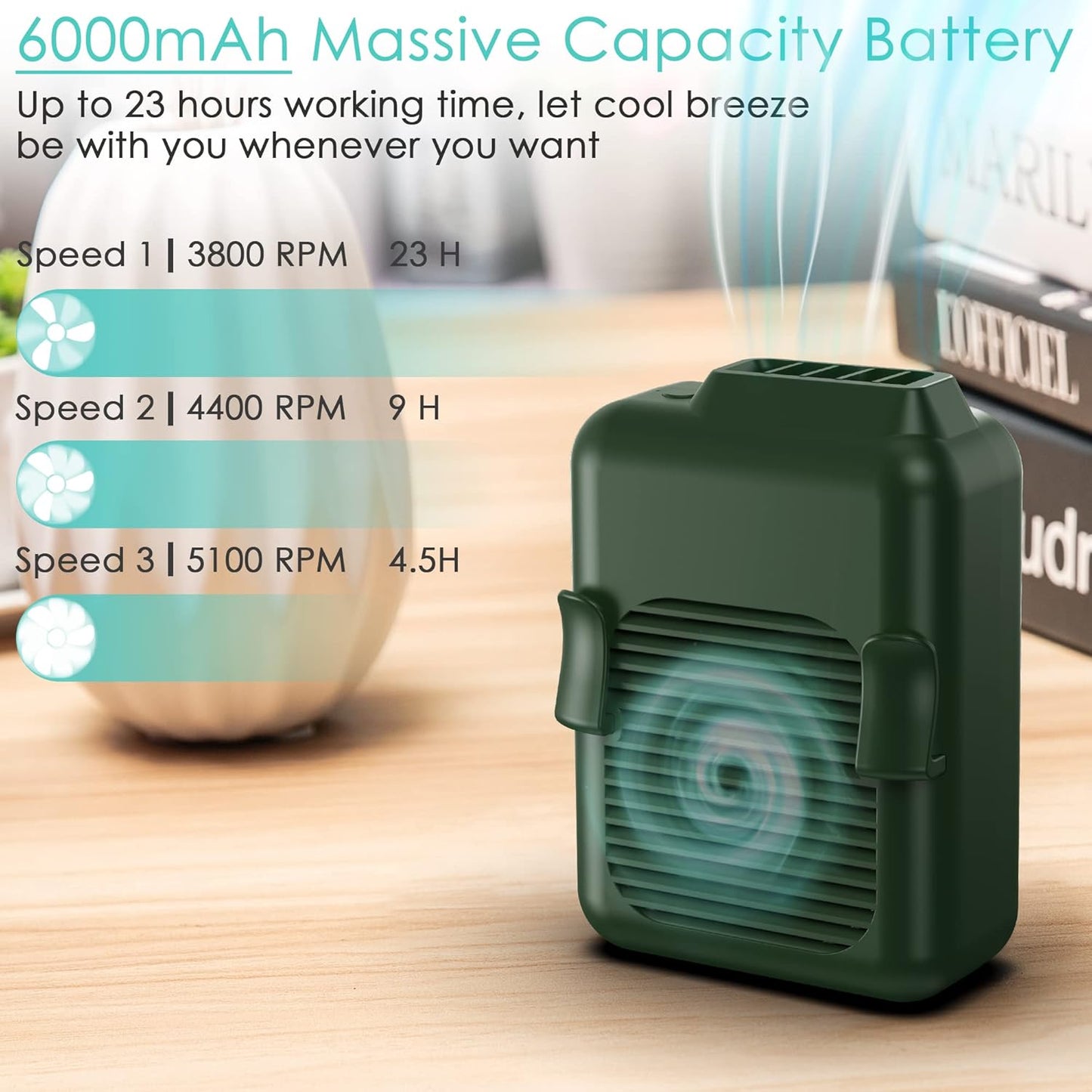 COMLIFE Portable Mini Waist Fan, 6000mAh Battery Powered Hands-free Wearable Fan With Max 23H Working Time, 3 Speeds, 5100RPM Strong Airflow for Jobsite, Farm, Fishing, Gardening And More (Green)