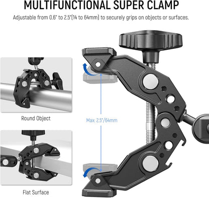 NEEWER Super Clamp with 3" Dual Ballhead Magic Arm, Cold Shoe, 1/4" Threads, Phone/Action Camera Mount Adapter for Desk Tripod Tube Crossbar Gimbal Rods Compatible with SmallRig GoPro DJI, ST83