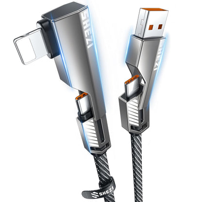 SHEZI 4-in-1 USB C Cable 3FT Compatible with Lightning Cable 90 Degree, [Fast Charging&Data Transfer] Flat Nylon Braided Charger Cord Combo, USB A/C to C/L Multi Charge Cable for iPhone/iPad