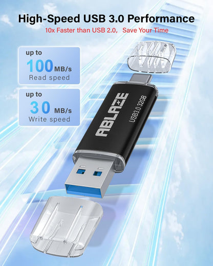 ABLAZE Type C Flash Drive 32GB, Dual USB 3.0+ USB C Flash Drive Compatible with iPhone 16/15,Android Smartphone,Computer,Tablet Mac Laptop