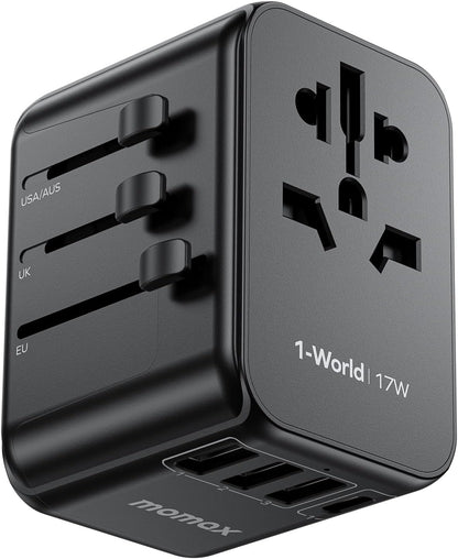 MOMAX European Travel Plug Adapter, Worldwide All in One Travel Adapter, International Power Adapter Wall Charger with 3 USB A and 1USB C Charging Ports for Travel Essentials (Type C/G/A/I)