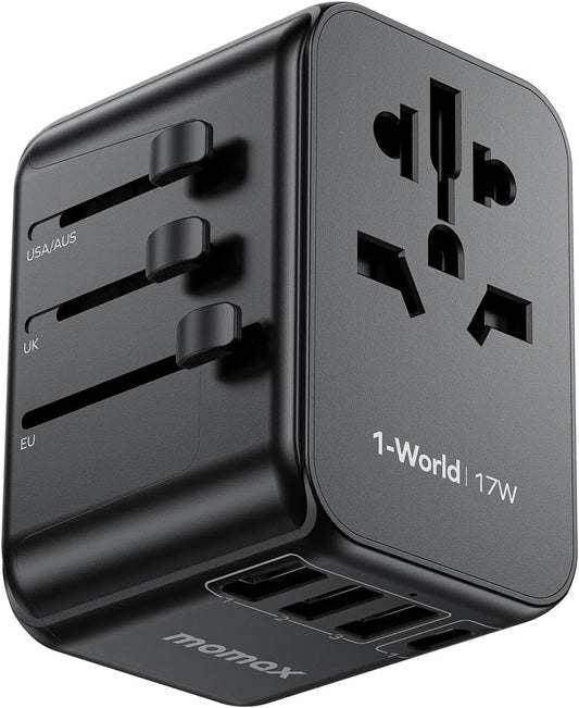 MOMAX European Travel Plug Adapter, Worldwide All in One Travel Adapter, International Power Adapter Wall Charger with 3 USB A and 1USB C Charging Ports for Travel Essentials (Type C/G/A/I)