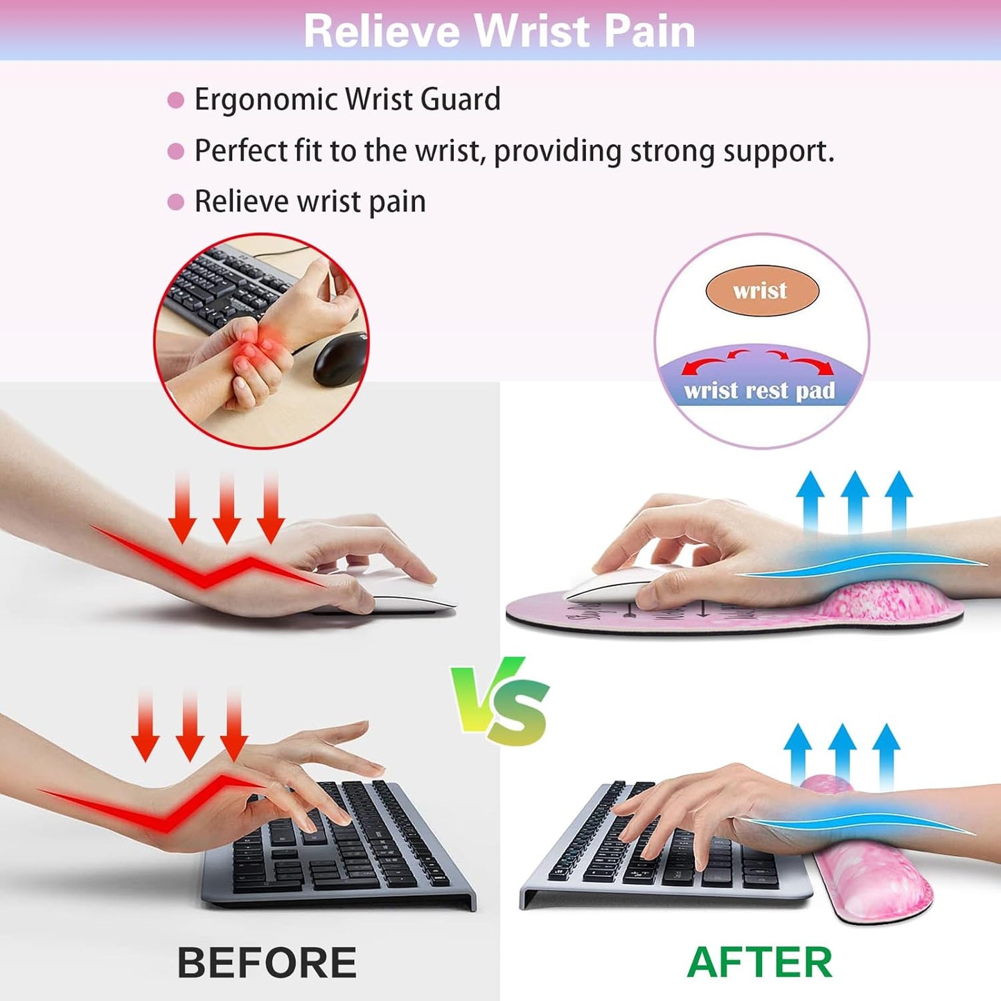 Mouse Pad with Wrist Rest Set Pink, 3-in-1 Wrist Support Mousepad Set,Gaming Mat Pad with Anti-Skid Base,Ergonomic Mouse Pad,Memory Foam Keyboard Gel Wrist Rest