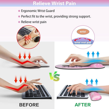 Mouse Pad with Wrist Rest Set Pink, 3-in-1 Wrist Support Mousepad Set,Gaming Mat Pad with Anti-Skid Base,Ergonomic Mouse Pad,Memory Foam Keyboard Gel Wrist Rest