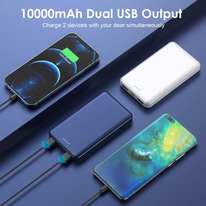 [2 Pack] Portable Charger Power Bank 10000mAh,Ultra Slim Compact External Battery Pack with USB C Input & Output Backup Charger Compatible with iPhone 16/15/14/13, Galaxy S24,Android etc-Blue+White