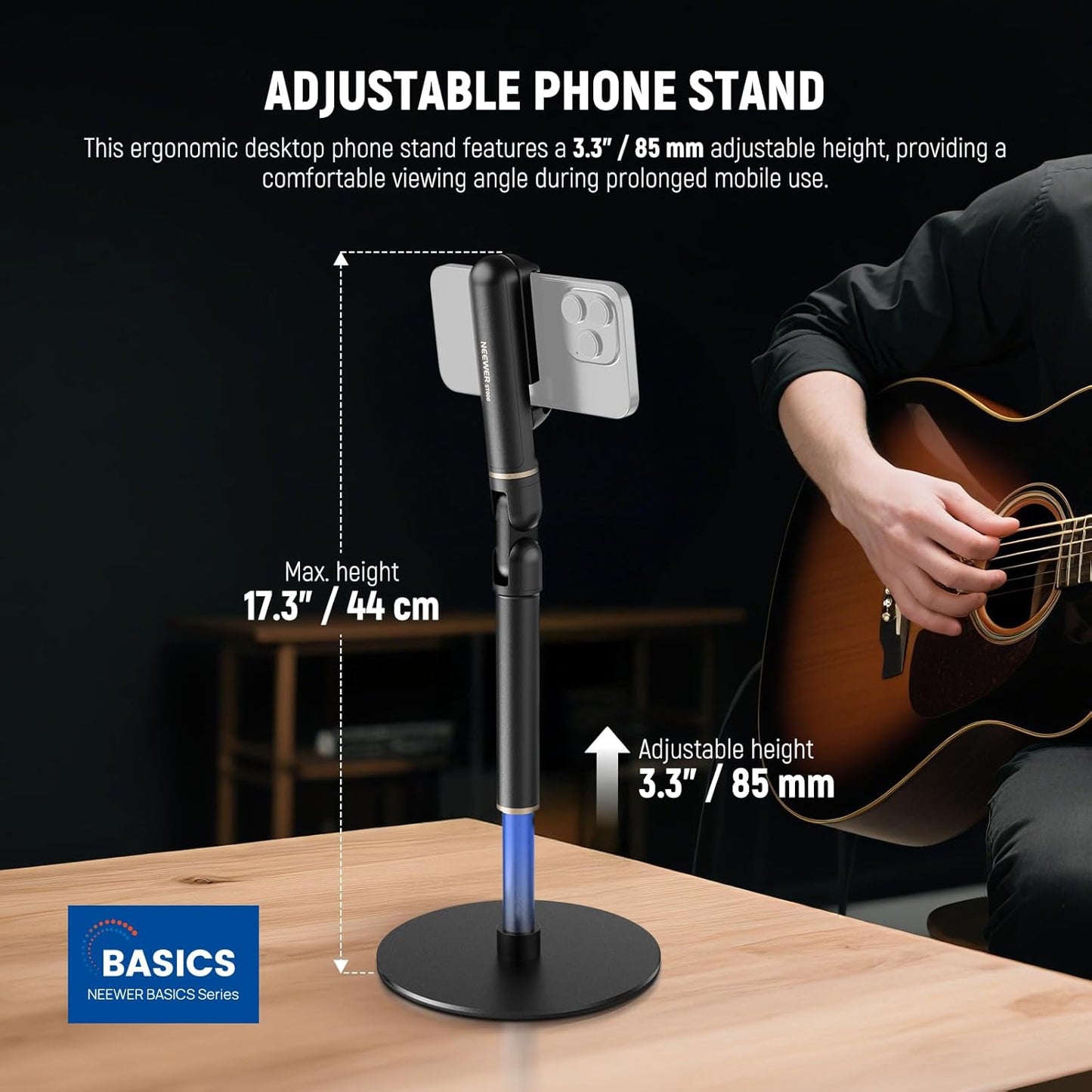 NEEWER Basics Cell Phone Stand for Desk, Adjustable Phone Holder Clamp with Weighted Metal Base, Office Table Phone Mount Compatible with iPhone 16 15 Pro Max Plus Samsung for Video Recording, ST006