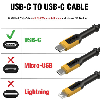 DEWALT Heavy Duty USB C Cable, Jobsite 60 Watt USB C Cable, High Speed Type-C to Type-C, Fast Charge PD USBC Fast Charging Cord for iPhone 16/15 Plus Pro Max, MacBook, iPad, Samsung Galaxy, 4 ft