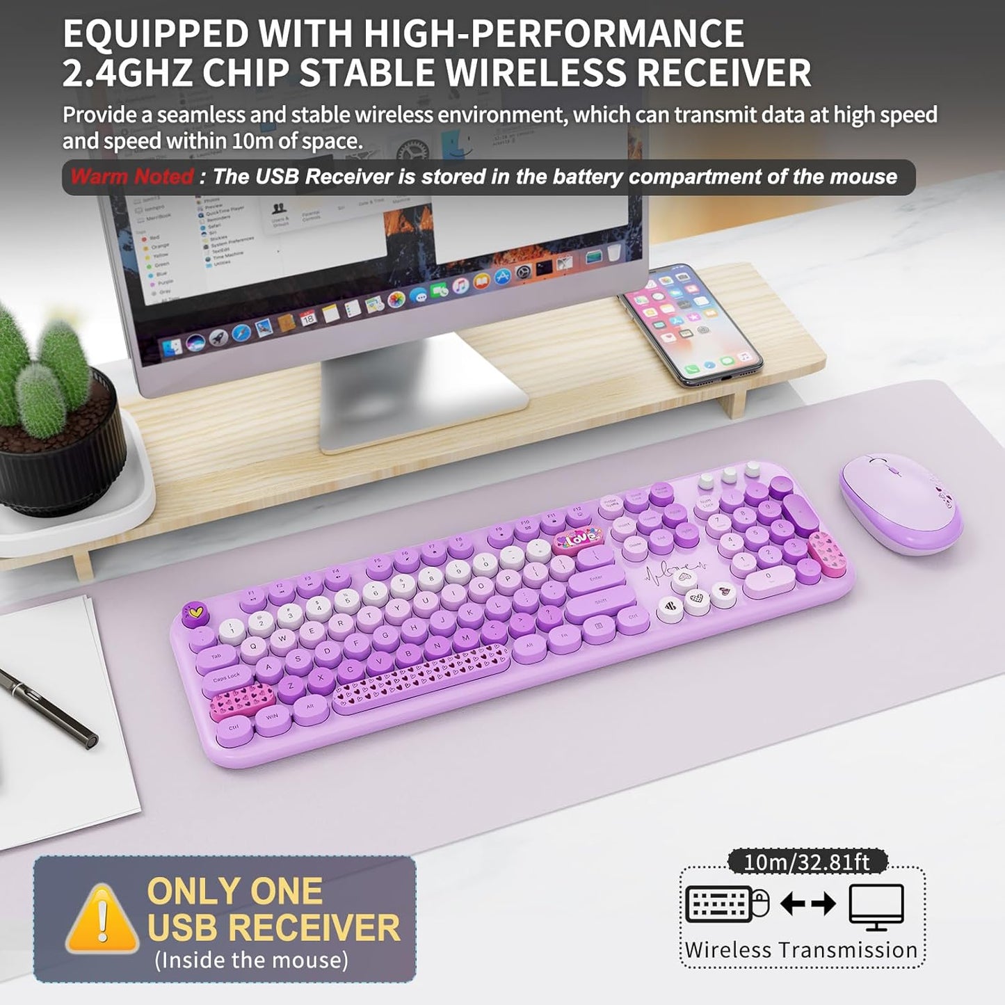 Wireless Keyboard and Mouse Set, 104 Round Keys Full-Size Cute Colorful Keyboard and Mouse with Retro Typewriter for PC/Mac/Laptop/Tablet/Computer/Windows Purple