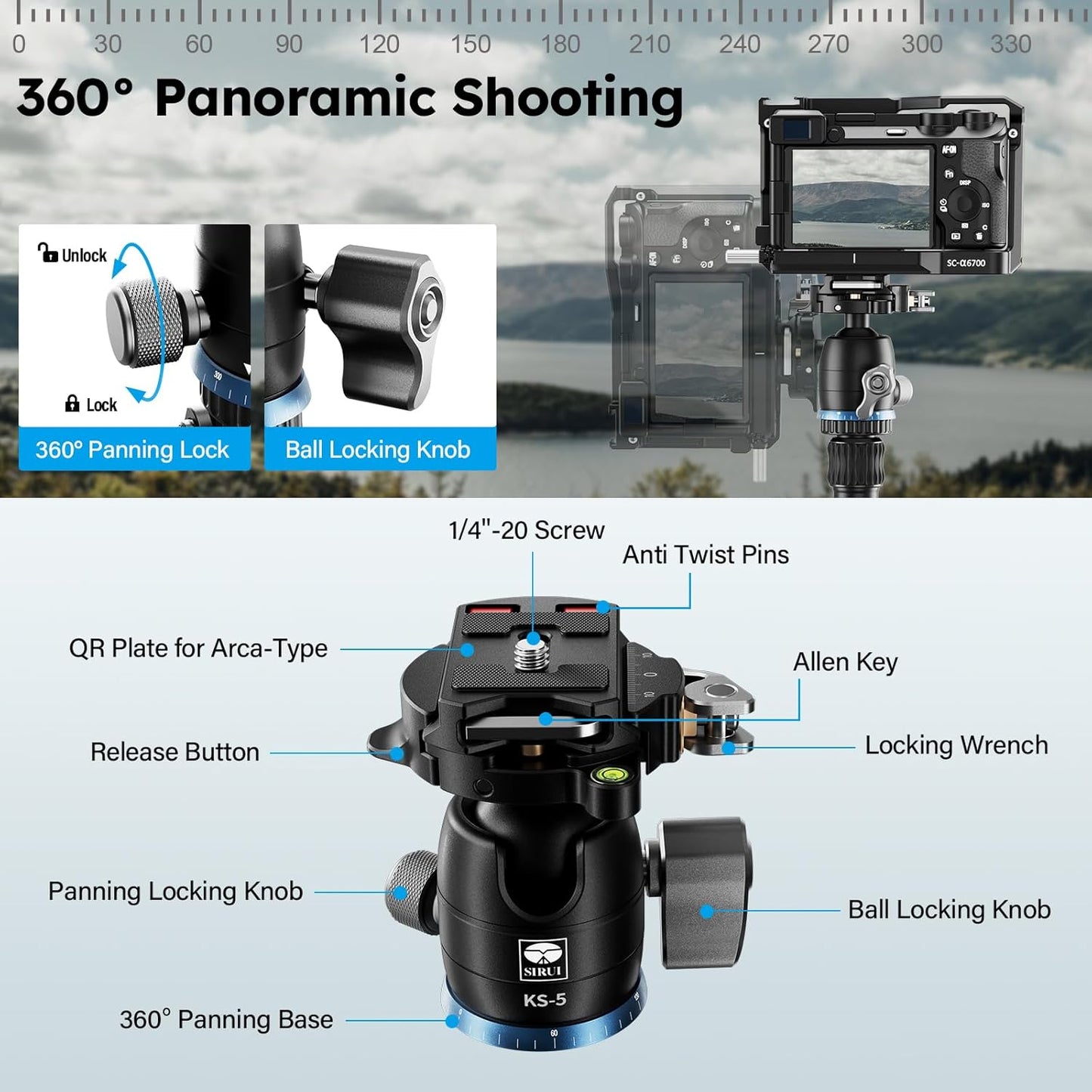 SIRUI Carbon Fiber Travel Tripod - Lightweight 55.1" Compact Tripod with 360° Panorama Ball Head, Quick Release Plate (AM-025K+KS-5)