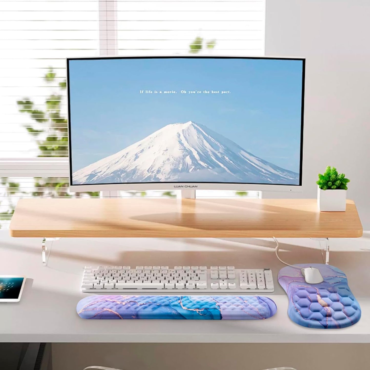 Mouse Pad Wrist Support, Laokiiy 2 in1 Keyboard Wrist Rest+ Ergonomic Mouse Pad, Non-Slip Wrist Rest for Computer Keyboard, Made Easy Typing & Relieve Wrist Pain(Blue Pink Marble)