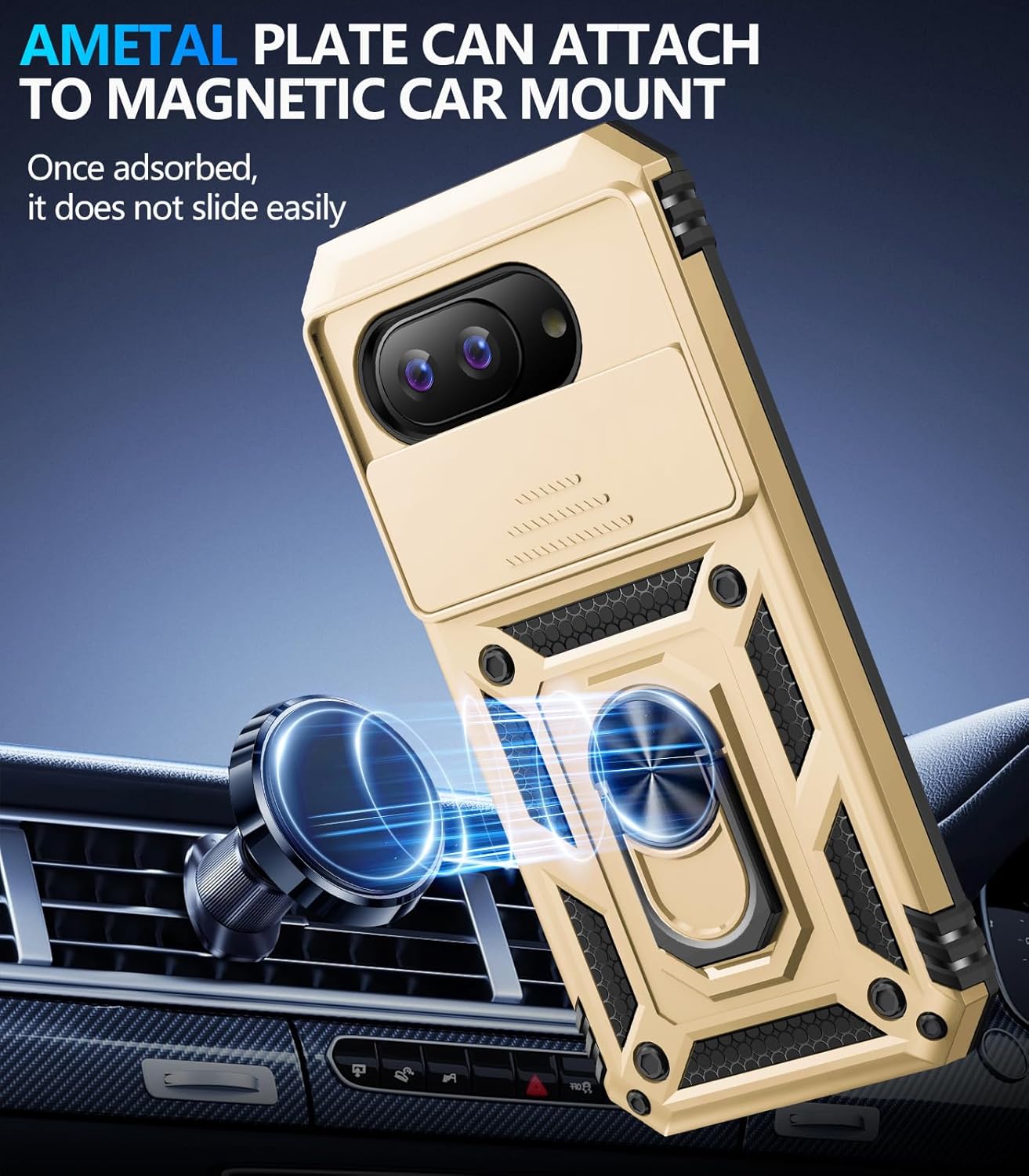 Taisairu for Google Pixel 9A Case with Screen Protector & Slide Camera Lens Cover, Built-in 360°Rotate Magnetic Ring Stand Shockproof Protective Phone Case for Google Pixel 9A Case (Gold)