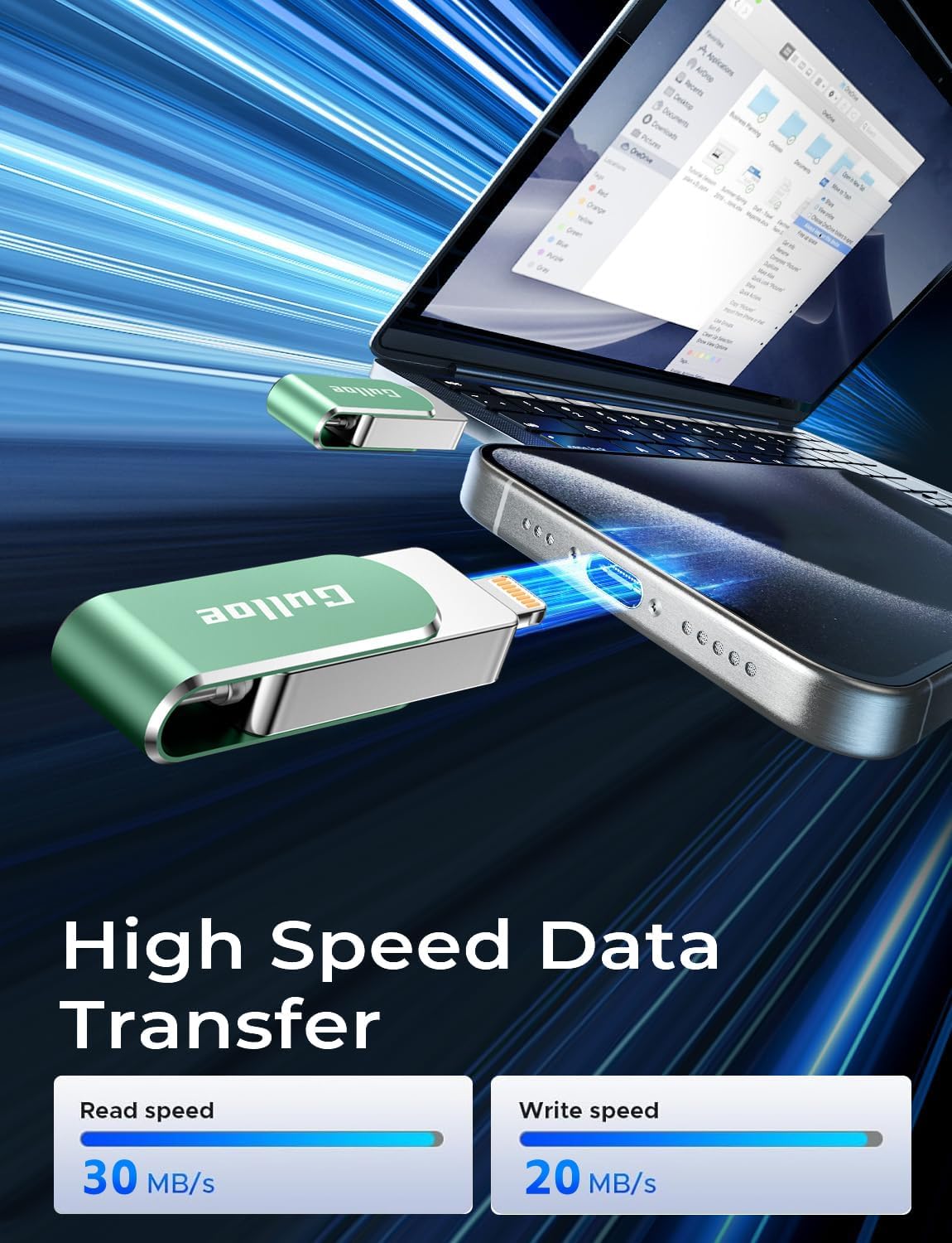 Gulloe 32GB Flash Drive Intended for iPhone, Memory Stick Storage for Photos and Videos Backup, Compatible with iPhone iPad Android PC, Plug and Play, No Application Required (Light Green)