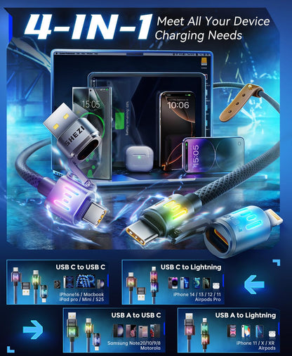 SHEZI 4-in-1 USB C Cable [240W Fast Charging & Data Transfer] Nylon iPhone Charger Cord with Light, Multi Charge Cables Combo with L/Type C/USB A Port for iPhone/iPad/Samsung, 5FT