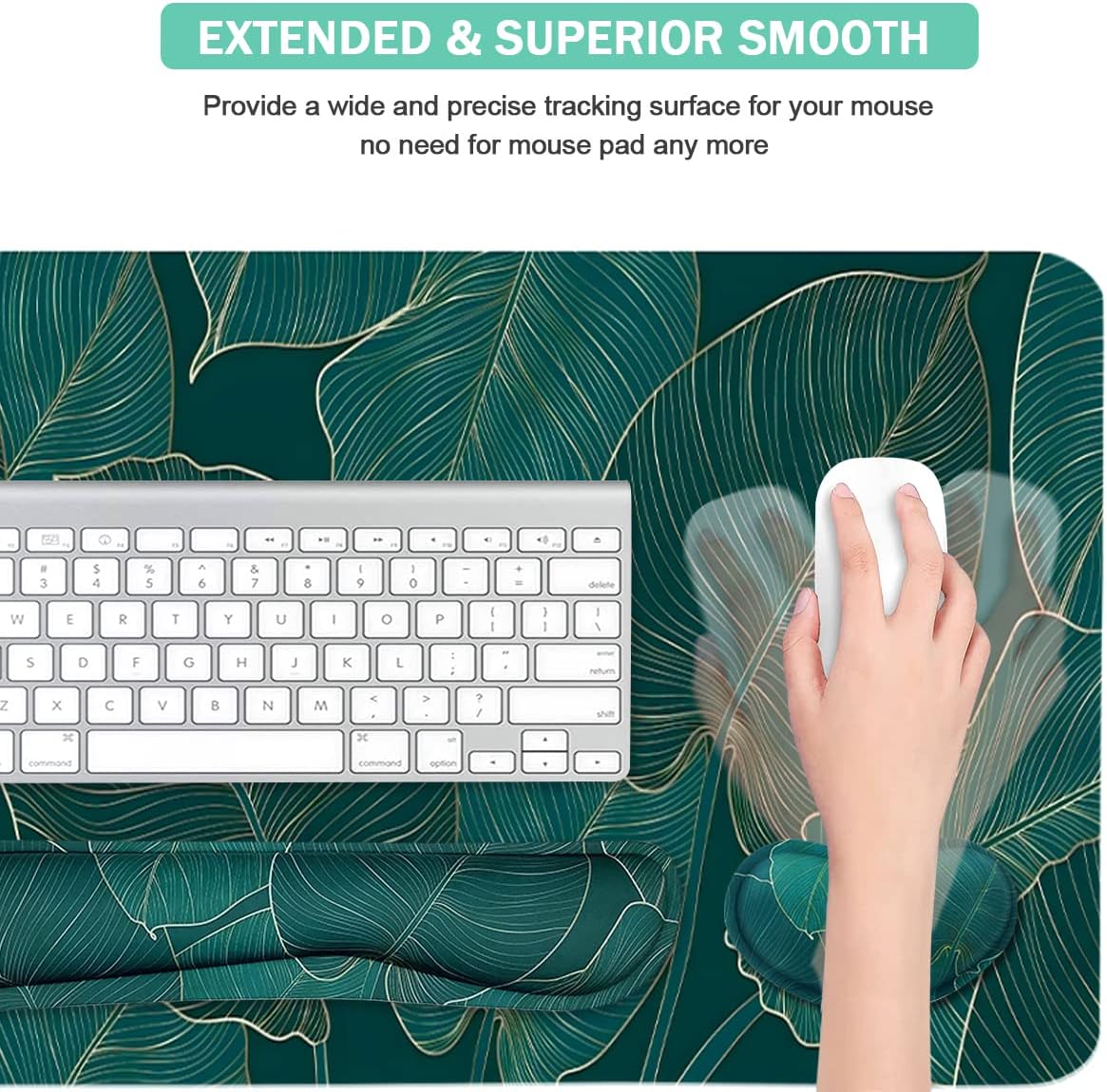 Ergonomic Large Mouse Pad and Keyboard Wrist Rest, Desk Pad for Keyboard and Mouse, 4-in-1 Large Gaming Mouse Pad with Wrist Support for Home Office Study Game-Green Leaves