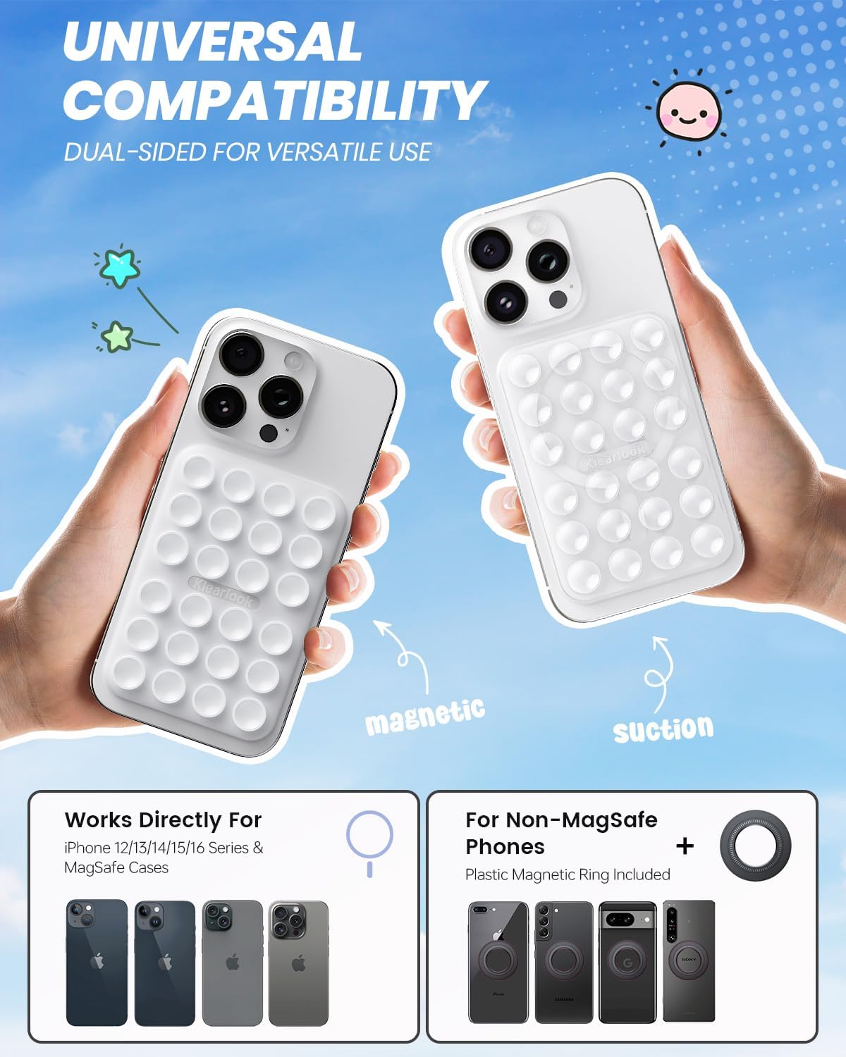 Klearlook 2Pack Magnetic Suction Phone Mount for MagSafe Case, Sticky Phone Grip Holder for iPhone, Removable Hands-Free Selfie/Video for TikTok Influencers, Women Girl Teen Gift, Transparent & White