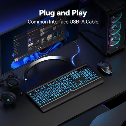 TECKNET Large Print Backlit Keyboard, Wired USB-A Computer Keyboard with Wrist Rest, 7-Color Backlit, Oversized Letter Keys Easy to See, Plug-and-Play, Silent, Foldable Stands for Windows/PC/Laptop