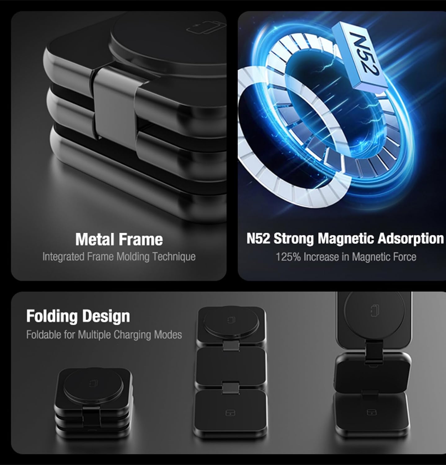 3 in 1 Charging Station for Apple Devices, Magnetic Foldable Wireless Charger, 15W Fast Charging for iPhone 12/13/14/15/16, Watches, and Earbuds, Compact Travel Design, Metal Frame