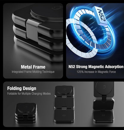 3 in 1 Charging Station for Apple Devices, Magnetic Foldable Wireless Charger, 15W Fast Charging for iPhone 12/13/14/15/16, Watches, and Earbuds, Compact Travel Design, Metal Frame