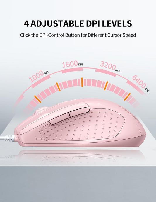 TECKNET Wired Mouse, 6-Button Corded with 4 Adjustable DPI, Optical Ergonomic Design, 5FT Cord for Laptop, Chromebook, PC, Desktop, Mac, Notebook - Pink