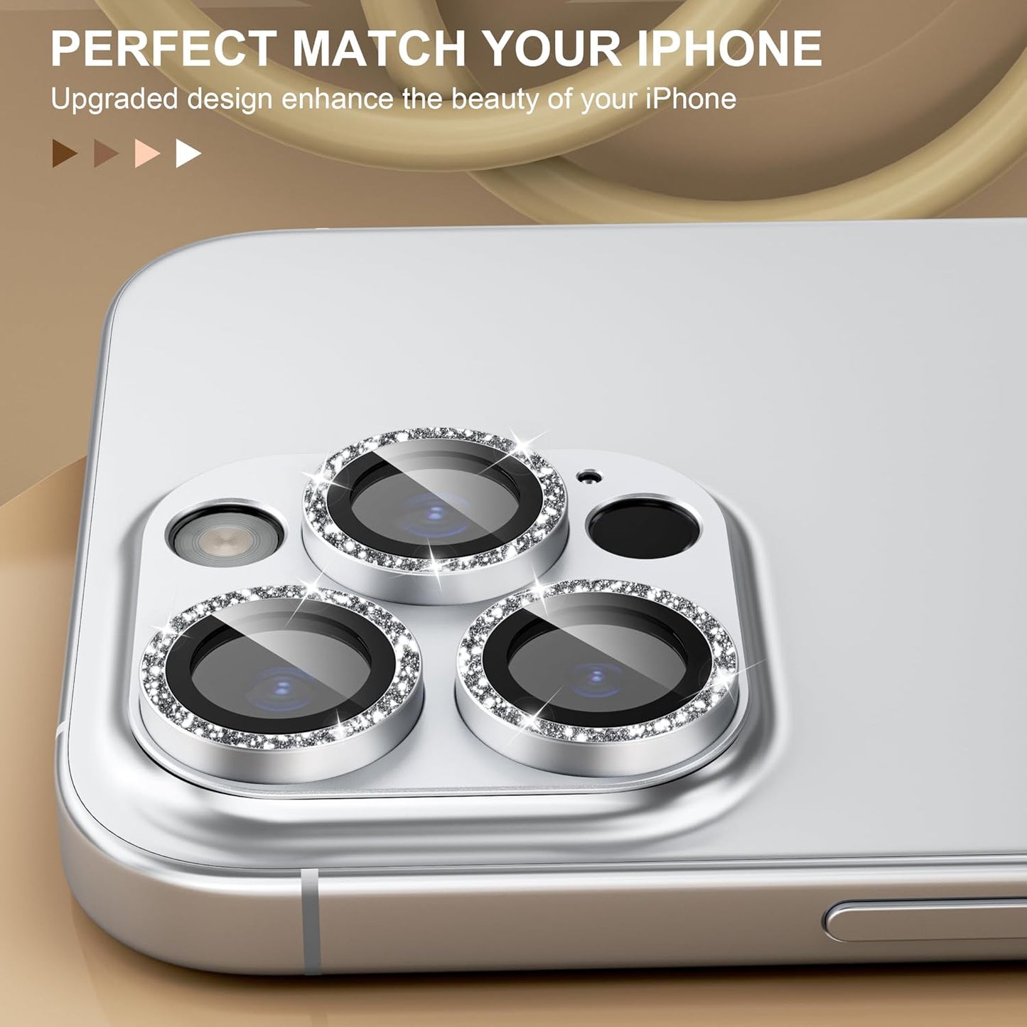 beuxece Compatible for iPhone 16 Pro/iPhone 16 Pro Max Camera Lens Protector, Bling Metal Tempered Glass Camera Screen Cover Accessories [Strong Adsorption][Case-Friendly]- Glitter Titanium Silver