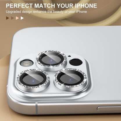 beuxece Compatible for iPhone 16 Pro/iPhone 16 Pro Max Camera Lens Protector, Bling Metal Tempered Glass Camera Screen Cover Accessories [Strong Adsorption][Case-Friendly]- Glitter Titanium Silver