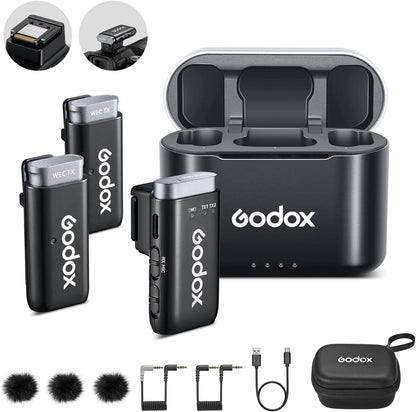 GODOX WEC KIT2 Wireless Microphone for Sony, Cable-Free Hotshoe Mount Lavalier mic, 200m (656ft.) Range, Noise Cancelling Mics, UAC Support Wireless Microphone for PC/Phone/Camera
