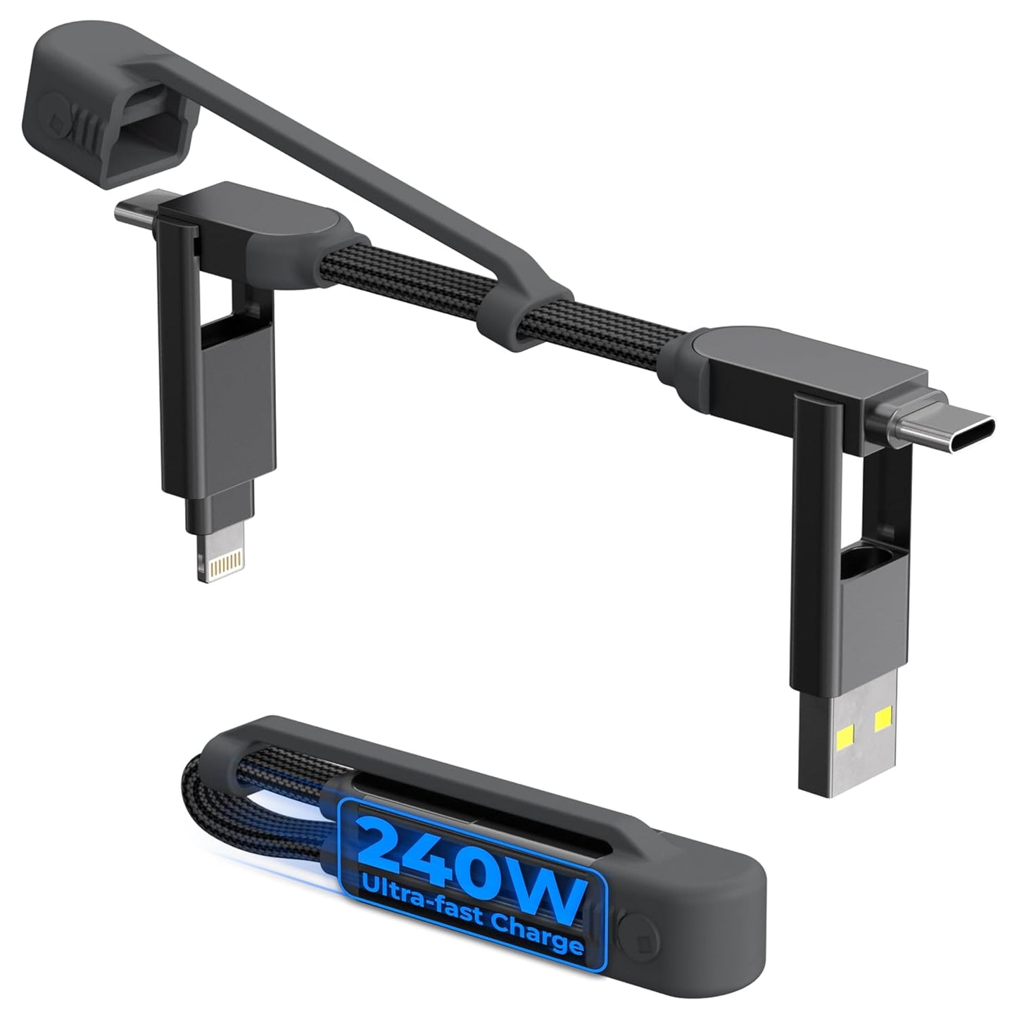 Rolling Square inCharge XS - 240W 4in1 Keyring Cable | Fast Charging & Data Transfer | Universal USB C/Lightning/USB Cable with Metal Housing | N52 Magnets | Eco-Friendly | Gray