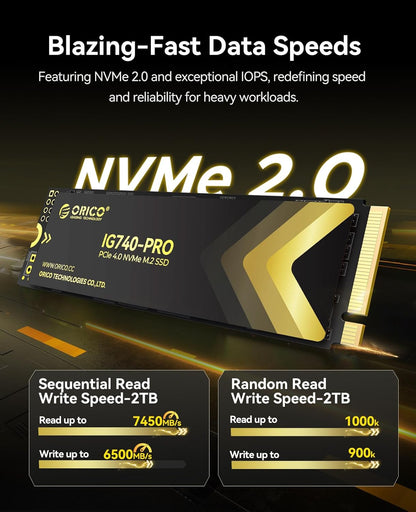 ORICO Industrial SSD 2TB M.2 NVMe SSD, PCIe 4.0 Drive with 7450MB/s Read Speed, TLC NAND, Advanced Data Security and Innovative Heatsink, for Industrial PC, Personal Laptop and PS5 - IG740PRO