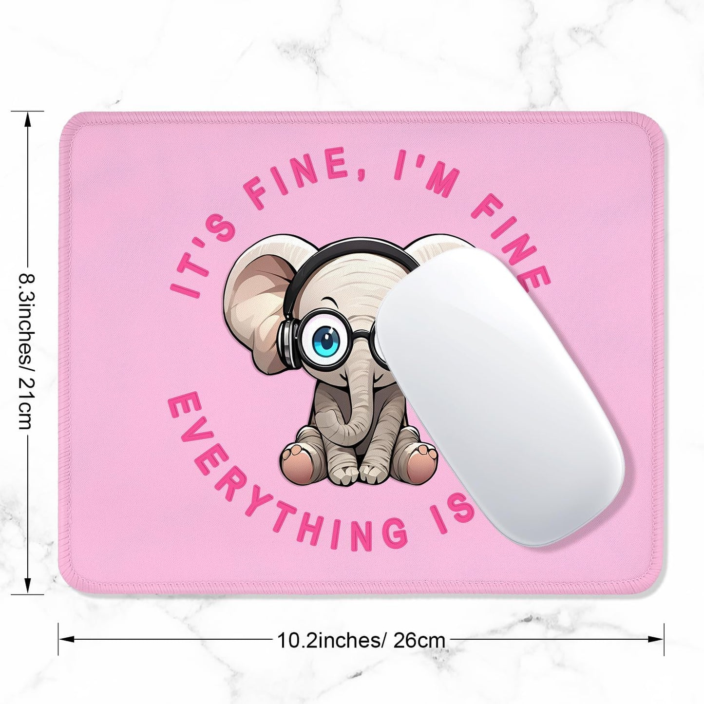 ITNRSIIET Mouse Pad with Stitched Edge Premium Textured Smooth Precise Operation Waterproof Washable Non-Slip Rubber Base Desktop Protection Mat, 10.2×8.3×0.12 inches, Pink Pretty Elephant