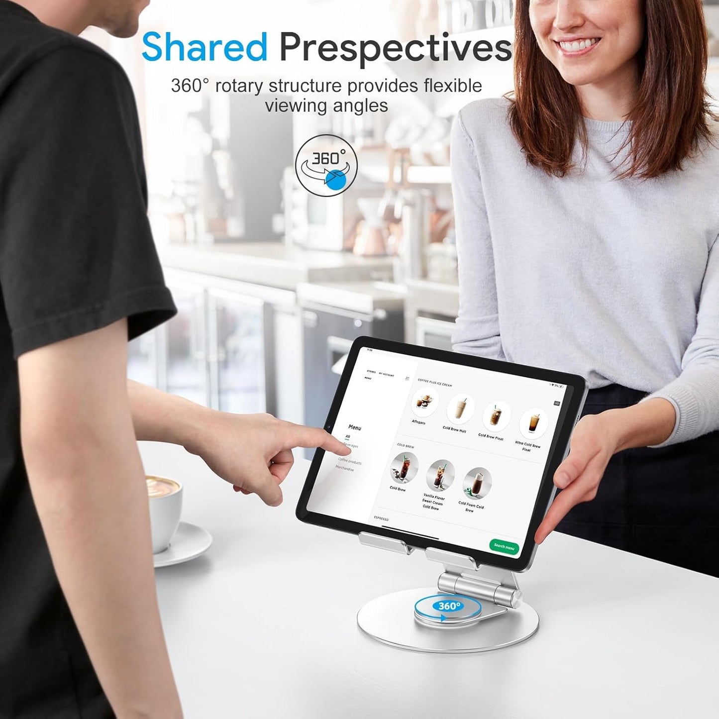 OMOTON Swivel Tablet Stand for iPad with 360 Rotating Base, Foldable Adjustable Holder for Drawing, Compatible with iPad Pro/Air/Mini and More, Silver