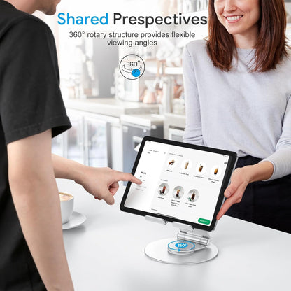 OMOTON Swivel Tablet Stand for iPad with 360 Rotating Base, Foldable Adjustable Holder for Drawing, Compatible with iPad Pro/Air/Mini and More, Silver