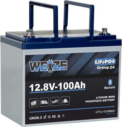 Weize 12V 100Ah Group 24 Bluetooth LiFePO4 Lithium Battery, Built-in 120A BMS, Low-Temp Protection Deep Cycle 500A/3S Peak Discharge Battery for RV, Camping, Solar, Trolling Motor, Home Energy