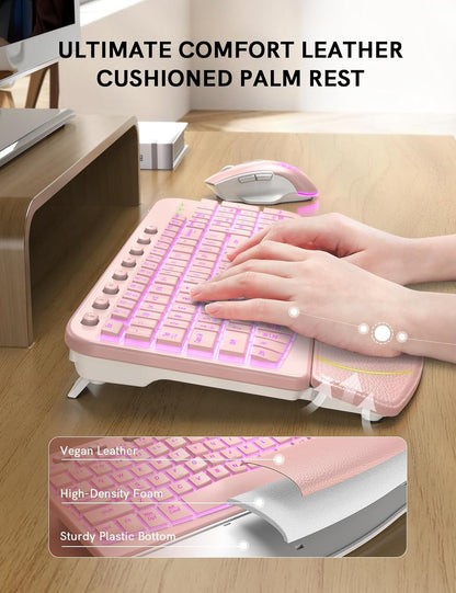 SABLUTE Ergonomic Wireless Keyboard and Mouse Combo - Wave Keyboard with Soft Leather Wrist Rest, Resistant Keys, RGB Backlit Rechargeable Set for PC/Mac/Chromebook (Pink)